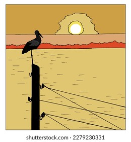 Lonely brooding stork sitting against the background of a beautiful peaceful sunset. Vector illustration.