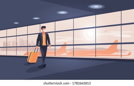Lonely business man traveler wearing face mask with luggage walking at empty airport gate terminal lounge traveling during pandemic outbreak. Airplanes behind glass window with city skyline sunset.