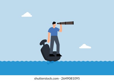 lonely businessman standing on reclining office chair in near future.
