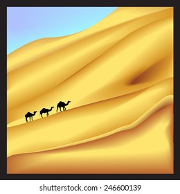 lonely camel caravan in Sahara desert in black frame, camels  on dune, wilderness in frame, drought, vector