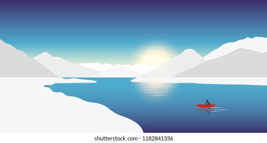 lonely canoeing adventure concept red boat in a winter landscape with snowy mountains vector illustration EPS10