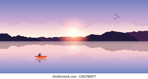 lonely canoeing adventure with orange boat at sunrise on the lake vector illustration EPS10