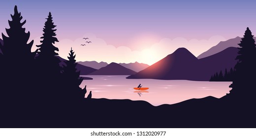 lonely canoeing adventure with orange boat at sunrise on the lake vector illustration EPS10