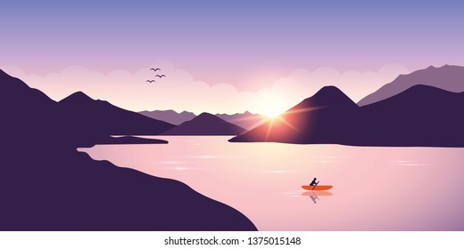 lonely canoeing adventure with orange boat at sunrise on the lake vector illustration EPS10