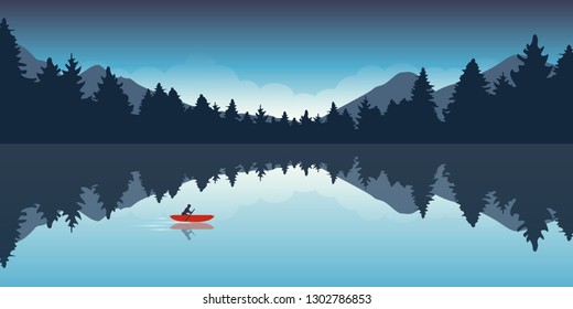 lonely canoeing adventure with red boat forest landscape vector illustration EPS10