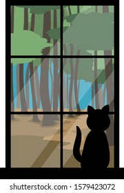A lonely cat silhouette sitting on six glass windowsill, looking out into the green forest.  The sky is bright blue.  isolated vector illustration.