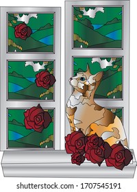 lonely cat is sitting on the window. window with flowers. stained glass window illustration.