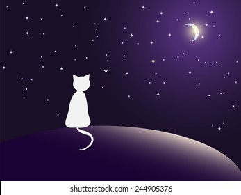 Lonely cat watching stars. Vector EPS10 Illustration 