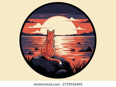 Lonely Cat Watching Sunset Over Lake in Retro Circular Vector Illustration