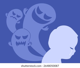 Criança solitária chorando sentindo tristeza, ansiedade sobre fantasmas e medos ilustração vetorial. Conceito de saúde mental