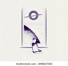 A lonely child dreaming at the window watching the cosmos. Beautiful and romantic illustration