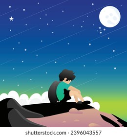 Lonely child or kid alone sitting under night sky and moon, vector illustration landscape background. Child depression or mental health concept.