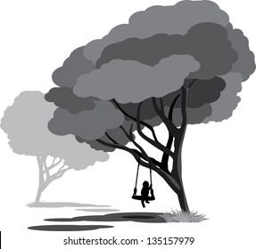 Lonely child on a swings in the park. Vector
