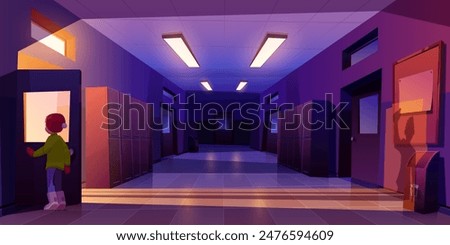 Lonely child in Santa hat standing alone in school hall. Vector cartoon illustration of scared boy or girl character hiding behind door in dark corridor with lockers, dangerous man shadow on wall