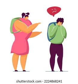 Lonely child in school flat vector illustration. Angry girl laughing at sad nerd boy in school hall. Stress, conflict, bullying, school, education concept for banner design