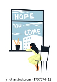 A lonely child sits by the window and looks out the window. Little girl is waiting for parents. The concept of loneliness, adoption, orphanages. Lettering "hope you come" Vector stock illustration.