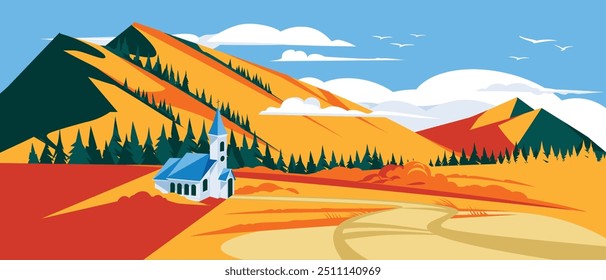 Eine einsame christliche Kirche zwischen den Herbstbergen. Flache Vektorgrafik. Landschaftliche Landschaft in der ländlichen Saison