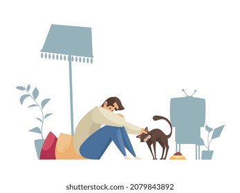 Lonely composition with character of man sitting alone at home with cat and pillows vector illustration