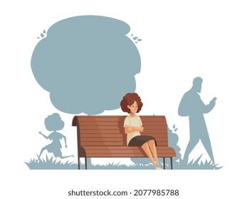 Lonely composition with character of young boy sitting on park bench alone with silhouettes of people vector illustration
