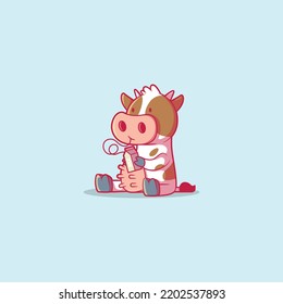 Lonely cow character drinking milk vector illustration. Funny, animal, advertising design concept.