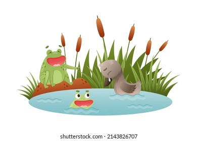 Lonely crying duckling swimming in the pond. Ugly duckling fairy tale cartoon vector illustration