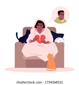 Lonely crying woman semi flat RGB color vector illustration. Depressed african american lady with broken heart isolated cartoon character on white background. Emotional stress, relationship break up