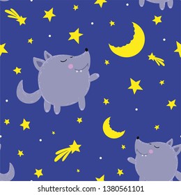 A lonely cute wolf looks at the moon, around a lot of stars and a comet. Seamless pattern. For printing on fabric, wallpaper and nurseries.