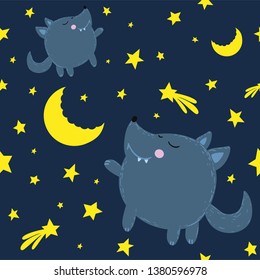 A lonely cute wolf looks at the moon, around a lot of stars and a comet.