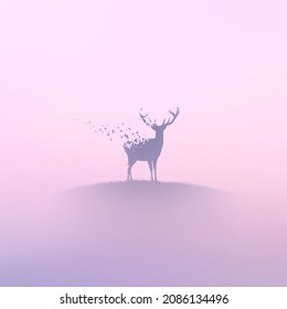 Lonely deer, flying birds. Endangered animal. Death and afterlife