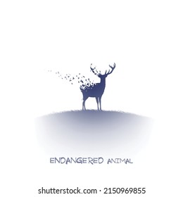 Lonely deer, flying birds. Endangered animal. Isolated blue silhouette