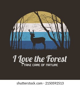 Lonely deer in forest. Animal in nature reserve. Retro vintage design