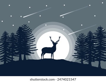 Lonely Deer in the Forest Under Moonlight and Falling Stars. Animals and wildlife concept vector