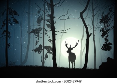 Lonely deer in misty forest. Animal silhouette. Tree in fog. Full moon