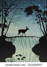 Lonely deer in misty forest. Animal walk on fallen tree. Starry night
