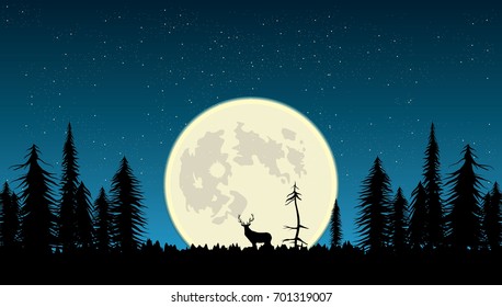 Lonely deer in the pine forest under starry sky and full moon
vector nature illustration