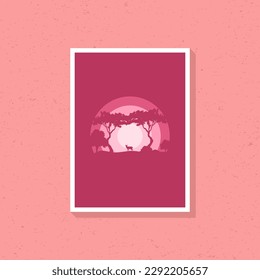 Lonely deer silhouette artwork in pink color for wall decoration. 