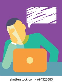 lonely and depressed man looking to his laptop