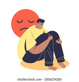 Lonely and depressed man sitting and crying. Cartoon male character african american in bad mood with tears on face. Loneliness and depression concept. Vector illustration