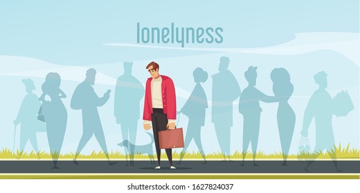 Lonely depressed man with suitcase standing on road cartoon vector illustration