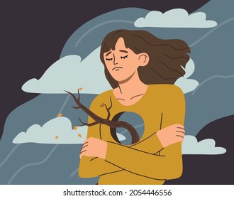 Lonely depressed woman with hole in chest feeling empty inside. Sad female character having psychological disorder. Psychology problem and mental state concept. Hand drawn flat vector illustration