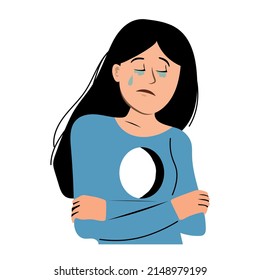 Lonely depressed woman with hole in chest feeling empty inside. Sad female character having psychological disorder. Psychology problem and mental state concept. Hand drawn flat vector illustration.