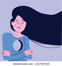 Lonely depressed woman with hole in chest feeling empty inside. Sad female character having psychological disorder. Psychology problem and mental state concept. Hand drawn flat vector illustration.