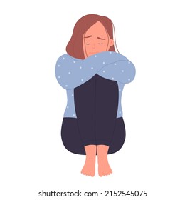 Lonely depressed young woman. Suffering girl, sadness and anxiety feeling vector illustration