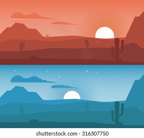 Lonely desert wild nature landscapes with cactus and camel. Vector illustration - stock vector