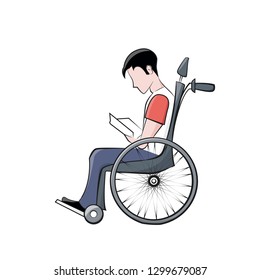 Lonely disabled boy sitting in a wheelchair and reading a book. Self-education of people with disabilities. Cartoon vector illustration, dynamic line