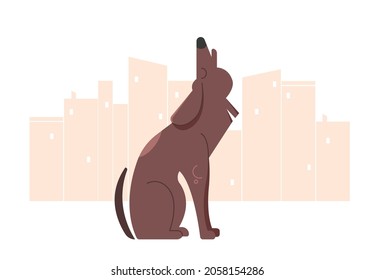 Lonely dog howls in a big city. Lost pet. Vector flat illustration.