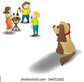 Lonely dog left by the owner crying of loneliness. Please take care of your little lonely sad  puppy. Your pet got only you in it's whole life. Cartoon vector concept. 