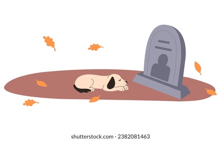 Lonely dog lying on the ground at the burial. Concept of loss and grief. Dog in the cemetery