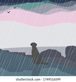 Einsamer Hund im Regen. Vektorgrafik