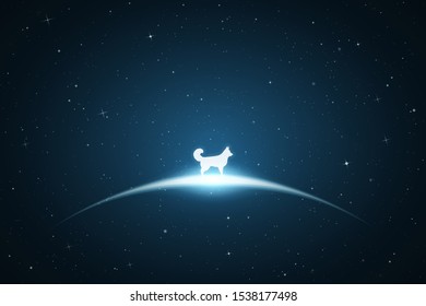 Lonely dog in space. Vector conceptual illustration with white silhouette of animal. Bue abstract background with stars and glowing outline